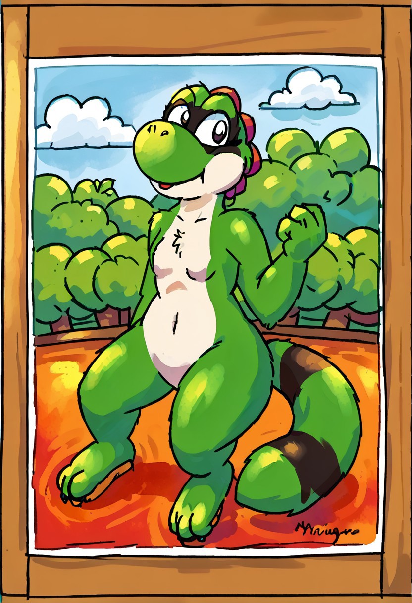 maypul, green fur, raccoon, 1girl, female, 2d, yistyle, yoshi style form, clean, no blur, anthro, watercolor, painting, solo