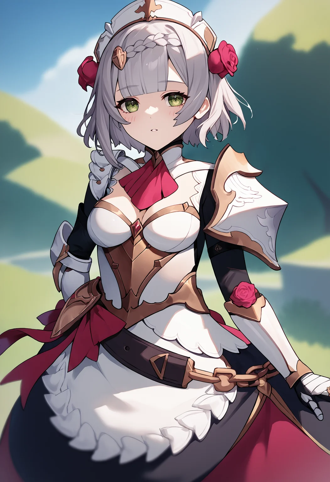 score_9, score_8_up, score_7_up, source_anime BREAK 1girl, solo, <lora:chyko-artist-richy-v1_pdxl:1.0> <lora:noelle-gi-richy-v1_pdxl:1> nldf, green eyes, grey hair, short hair, braid, blunt bangs, hair ornament, maid headdress, hair flower, red rose, pink ascot, breastplate, breasts, cleavage, bodystocking, shoulder armor, single shoulder pad, armored dress, white gauntlets, belt, maid apron, pantyhose, armored boots, standing, looking at viewer, parted lips, blush