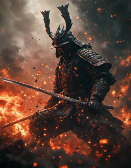 hyper detailed, 4k, masterpiece, a masked divinity samurai in action and unleashing an attack against enemies with his mystical katana in a grim battle, full body GALAXY armour,plumes of jet black smokes,charcoal,vibrant colour blast,sengoku period