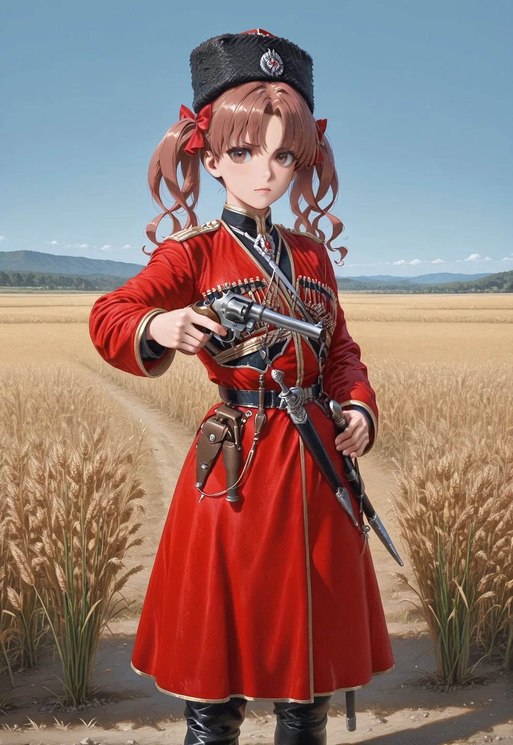 masterpiece, best quality, amazing quality, absurdres, k4z4k, black fur hat, red coat, black shirt, sheath, sword, military uniform, dagger, black boots, one girl, shirai kuroko, brown eyes, brown hair, long hair, twintails, hair bows, red bow, parted bangs, gun, revolver, holding gun, pointing gun, aiming, standing, hand on own hip, cowboy shot, rural, wheat, blue sky,