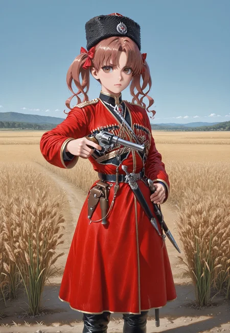 masterpiece, best quality, amazing quality, absurdres, k4z4k, black fur hat, red coat, black shirt, sheath, sword, military uniform, dagger, black boots, one girl, shirai kuroko, brown eyes, brown hair, long hair, twintails, hair bows, red bow, parted bangs, gun, revolver, holding gun, pointing gun, aiming, standing, hand on own hip, cowboy shot, rural, wheat, blue sky,