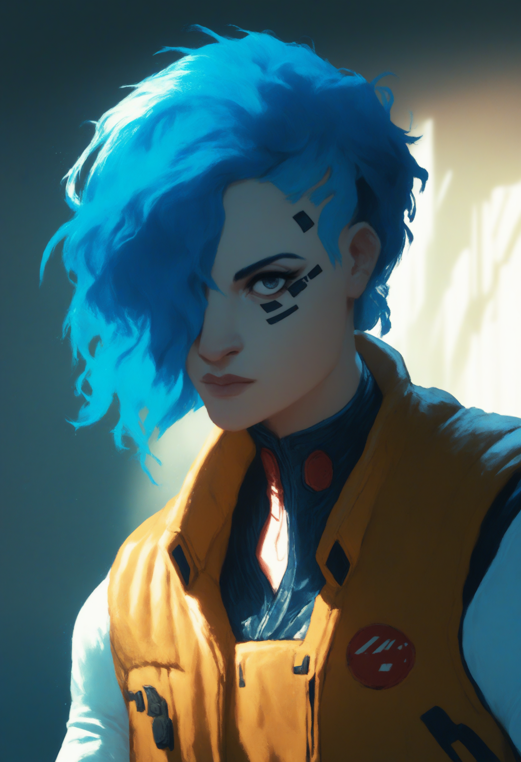 <lora:degenesis_v1:1> dgns,  score_9, score_8_up, score_7_up, 1girl, solo, closeup portrait, cyberpunk facial implants, wearing vest, hair covering one eye, bob hair, blue hair,