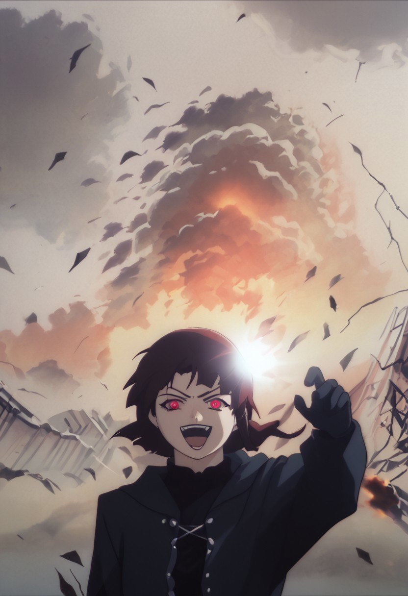 score_7_up, score_8_up, score_9, anime screencaps, masterpiece, high quality, 1girl, lain iwakura, dark black sith lord, dark black robe, black hood, front view, facing viewer, red eyes, evil laugh, celebrating, hysterical, villain, open hands gesture, chiarobscuro, burning ruins, explosions, massive fires, atomic explosion blast, nuclear explosion blast, falling rocks, black gloves, low lighting, evil aura, thunderstorm, scorched earth destruction, tempest, wind blast, storm blast, background zPDXL2