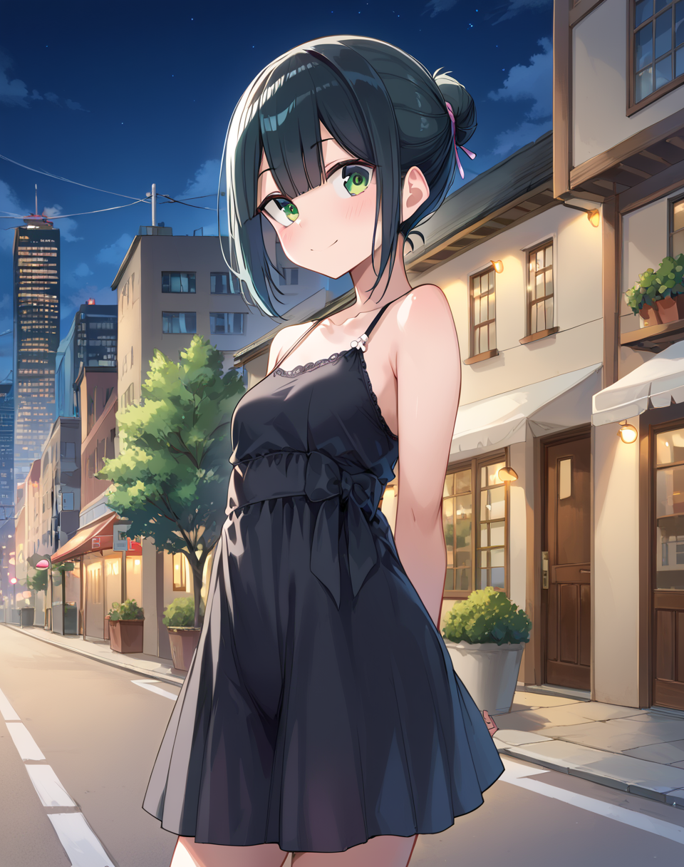 tsuyu-chan, black hair, short hair, green eyes, black dress, small breasts, hairbun, tied hair  BREAK outdoors,city street, night BREAK shy pose, looking at viewer, embarassed face, smile, cowboy shot, tilt head, arms behind back BREAK score_9, score_8_up, score_7_up, source_anime ,zPDXL, perfect hand,<lora:Tsuyu-chan:0.8>