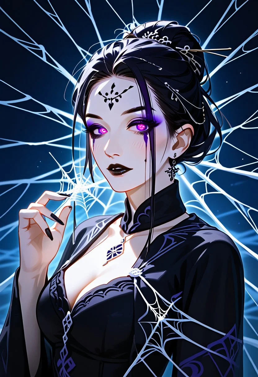 The image is a high-resolution photograph featuring a young Asian woman in an elaborate,Upper body,close-up of character, gothic-inspired costume. She stands in front of a background that resembles a spider web,with intricate,glowing purple lines creating a web-**** pattern. The woman's skin is pale,and she has striking,dark purple eyeshadow that accentuates her almond-shaped eyes,which are framed by thick,black eyeliner. Her lips are painted a deep,dark purple,matching her eyeshadow., Her hair is styled in a high,elegant bun,with a few loose strands framing her face. Wearing a black dress, adding a layer of texture and depth to her attire. Her right hand is raised,with her fingers splayed,as if she is casting a spell or making a mystical gesture., The overall color palette of the image is dominated by shades of purple,with highlights of black and white,creating a dramatic and mysterious atmosphere.