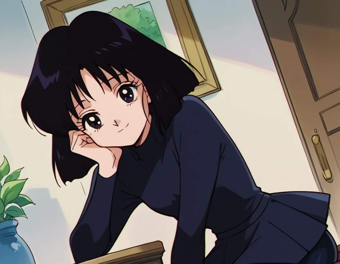 score_9, score_8_up, score_7_up, source_anime, <lora:hotaru-tomoe-s3-ponyxl-lora-nochekaiser:1>, hotaru tomoe, short hair, black hair, black eyes,, pantyhose, shirt, long sleeves, skirt, turtleneck,, indoors, smile, looking at viewer, solo, sitting, head rest,, cowboy shot, dutch angle