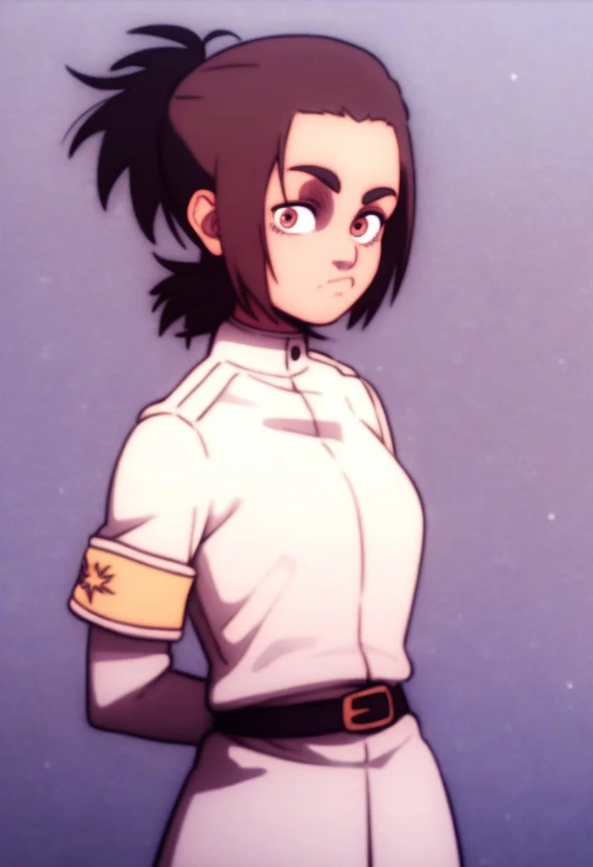 score_9, score_8_up, score_7_up, source_anime, Gabi Braun, 1girl, brown hair, brown eyes, ponytail, belt, uniform, military, military uniform, armband, white pants, Stand, pose,