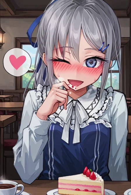 score 9,score 8 up,score 7 up,rating questionable,detailed background,aroused,cinematic lighting,dynamic lighting,uncensored,
,sylvie <lora:sylvie.pony:1>
steaming body,sensual,alluring,sweatdrop,heavy breathing,(spoken heart),silver hair, ponytail,blue ribbon, 
restaurant,table,tablecloth,many dishes,cake,coffee,cup,eating,fork,half-eaten cake,
blue-dress,
smile,one eye closed,open mouth,blush,(upper body, pov,front view)