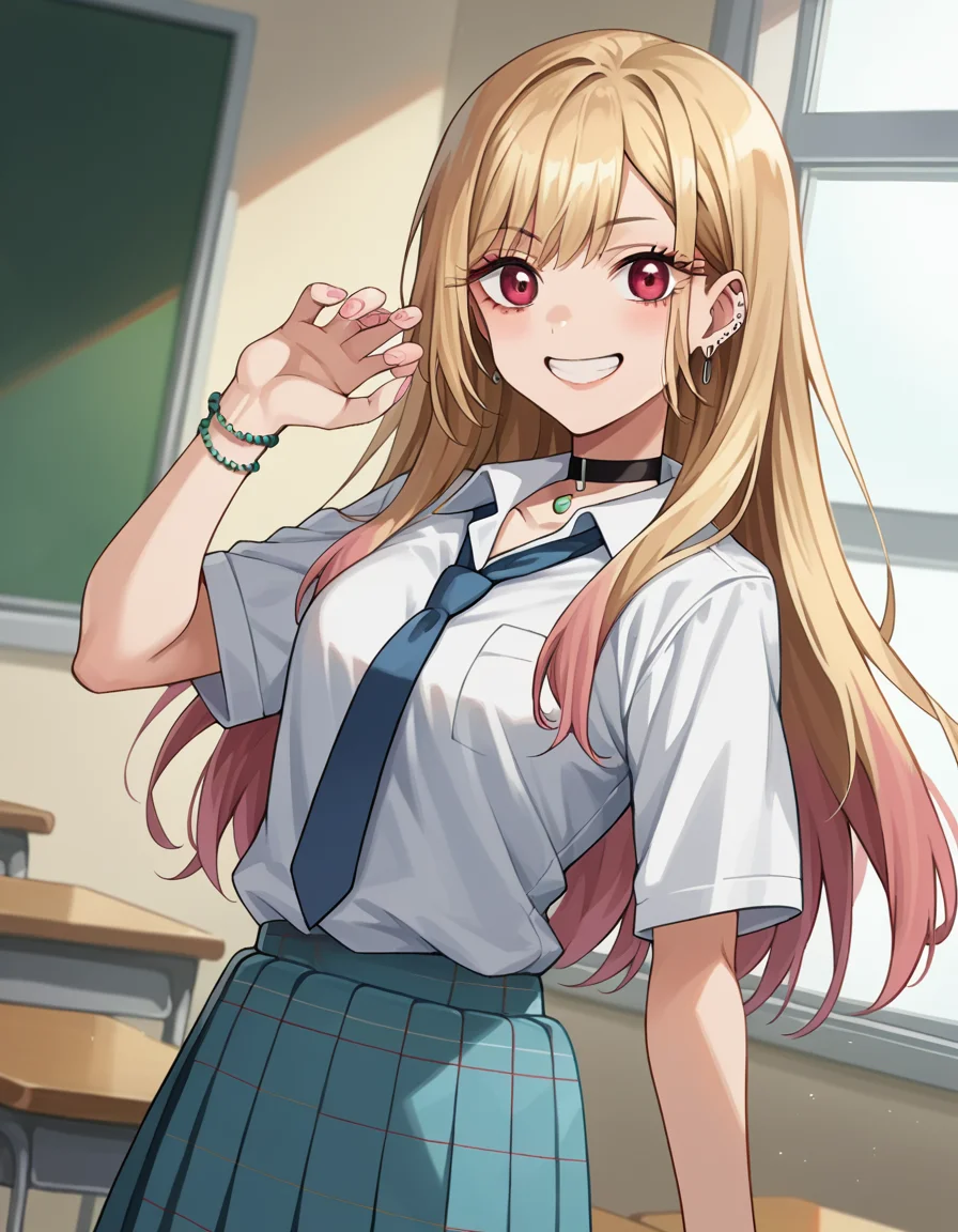 score_9, score_8_up, score_7_up, source_anime,
marinkitagawa, <lora:marin-kitagawa-ponyxl-lora-nochekaiser:1>,
marin kitagawa, long hair, bangs, blonde hair, red eyes, multicolored hair, smile,
skirt, shirt, jewelry, school uniform, white shirt, pleated skirt, earrings, necktie, choker, bracelet, blue skirt, plaid, black choker, plaid skirt,
indoors, classroom,
looking at viewer, cowboy shot, dutch angle, dynamic pose,