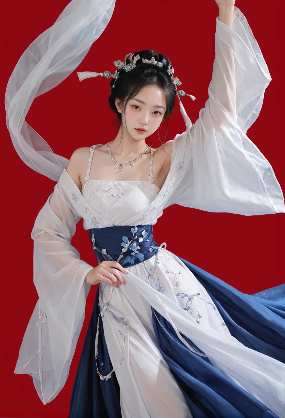 red background,1girl,solo,dancing,,ruanyi0759,blue dress,hanfu,jewelry,veil,off shoulder,wide sleeves,white dress,<lora:0759 Yingluo blue Hanfu_v1_pony:1>, score_9,score_8_up,score_7_up,,8k,1girl,solo,