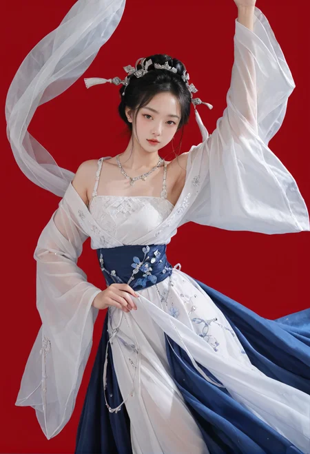red background,1girl,solo,dancing,,ruanyi0759,blue dress,hanfu,jewelry,veil,off shoulder,wide sleeves,white dress,<lora:0759 Yingluo blue Hanfu_v1_pony:1>, score_9,score_8_up,score_7_up,,8k,1girl,solo,