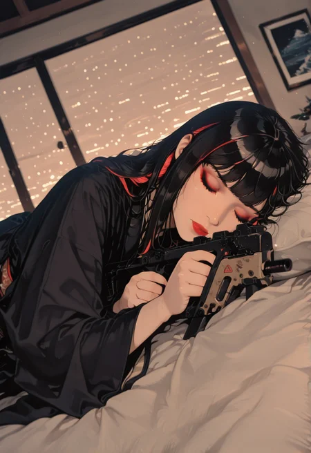masterpiece, best quality, good quality, very aesthetic, absurdres, newest, 8K, depth of field, focused subject, A sleek cybernetic woman in black kimono with glowing red highlights, sleeping, bangs, long hair, dark eyeshadow, red lips, lying down, holding kriss vector, hugging, submachine gun, dynamic angle, bedroom, sci-fi,
,in the style of cksc,
<lora:ck-shadow-circuit-IL:1> <lora:kriss_vector_v2:1>