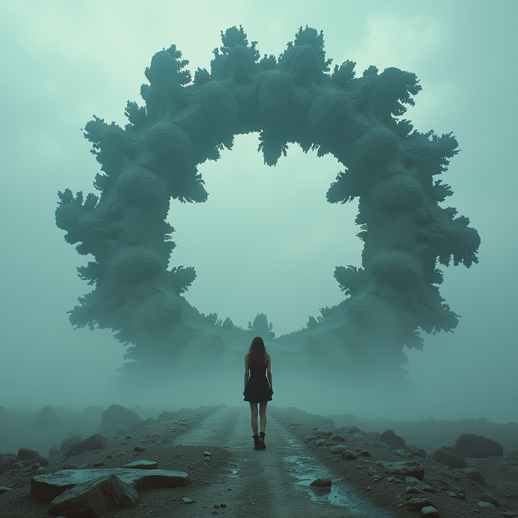 concept art, abstraction, 1girl, cinematic photo   (style  Corey Arnold)
fractal megastructure, colossal scale,