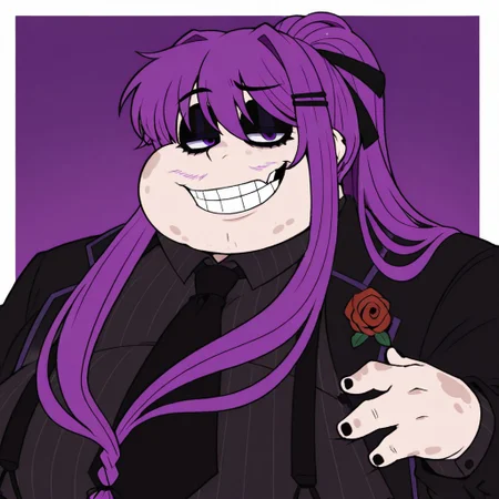 high quality, masterpiece, gay, BREAKmale, fat, overweight, purple hair, purple eyes, white sclera, cartoony, round eyes, black eyelids, eyeshadow, white skin, skin spots, thin mustache, ponytail, long sidelocks tied into braid, black hair ribbon, missing tooth, looking at viewer
BREAK coatoversuit, gray pinstriped dress shirt, black necktie, black nails, suspenders, rose pin, formal, dynamic pose, smug, facing right, icon, pfp, cute, hand on chest, bust shot, upper body, purple background, white borders