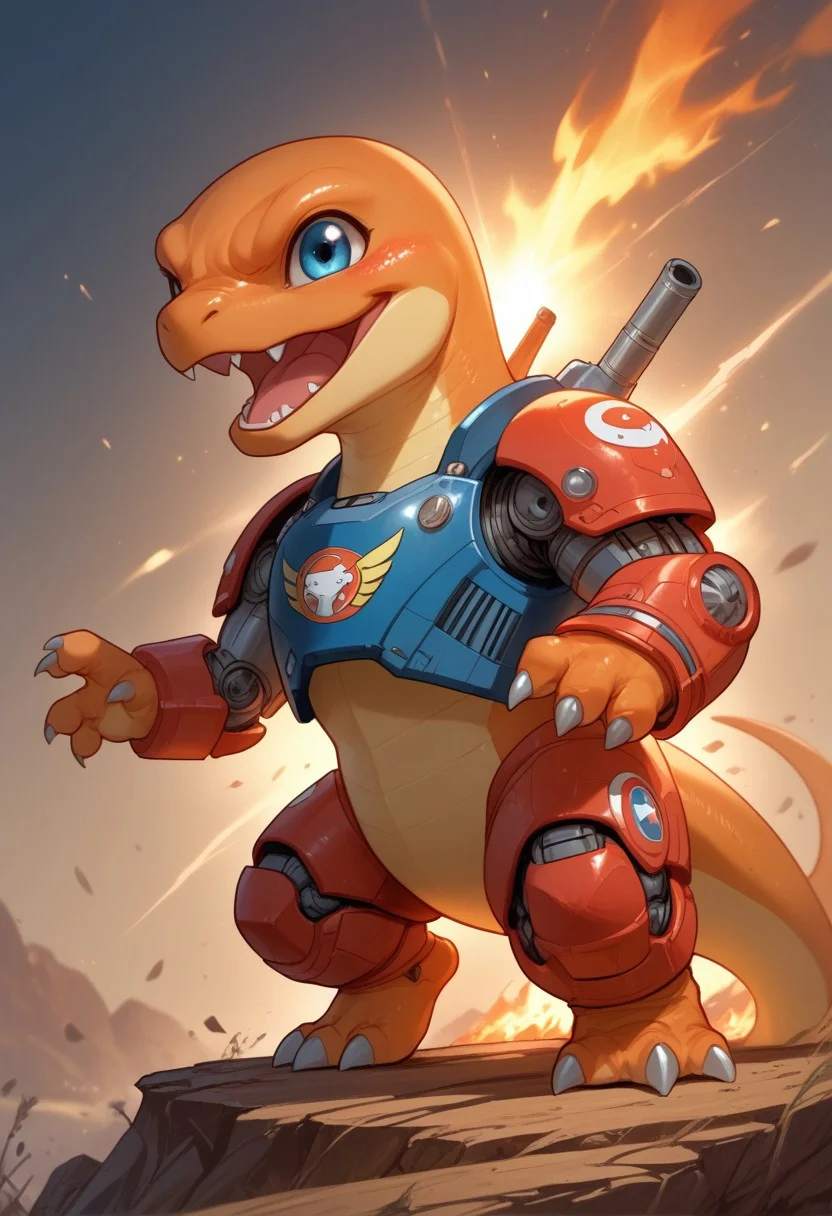 score_9, score_8_up, score_7_up, source_furry, solo, adorable Chibi Charmander, partial body, close view, fighting in a battlefield, angry, robotic battle armor, robotic shoulder armor, robotic chest armor, robotic joints, missile weapon system, (feral Charmander, chibi body:1.2), dancing, excited, (indirect lighting, dynamic lighting:1.4), explosion background, chibi art style, (detailed image, high resolution, 5k resolution:1.0), (realistic style, chibi Art Style:1.2)