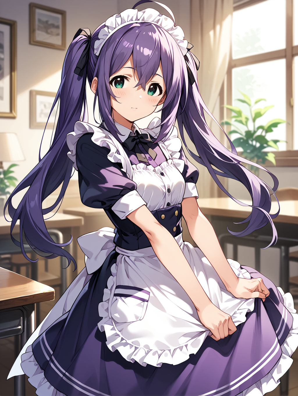 score_9,score_8_up,score_7_up,
official art,official style,game cg,megami magazine,
uncensored,
1girl,solo,
mochizuki anna,purple hair,green eyes,ahoge,long hair,twintails,
purple dress,maid headdress,maid,
<lora:idolmaster_mochizuki_anna_pony_v1.1-000006:1>,