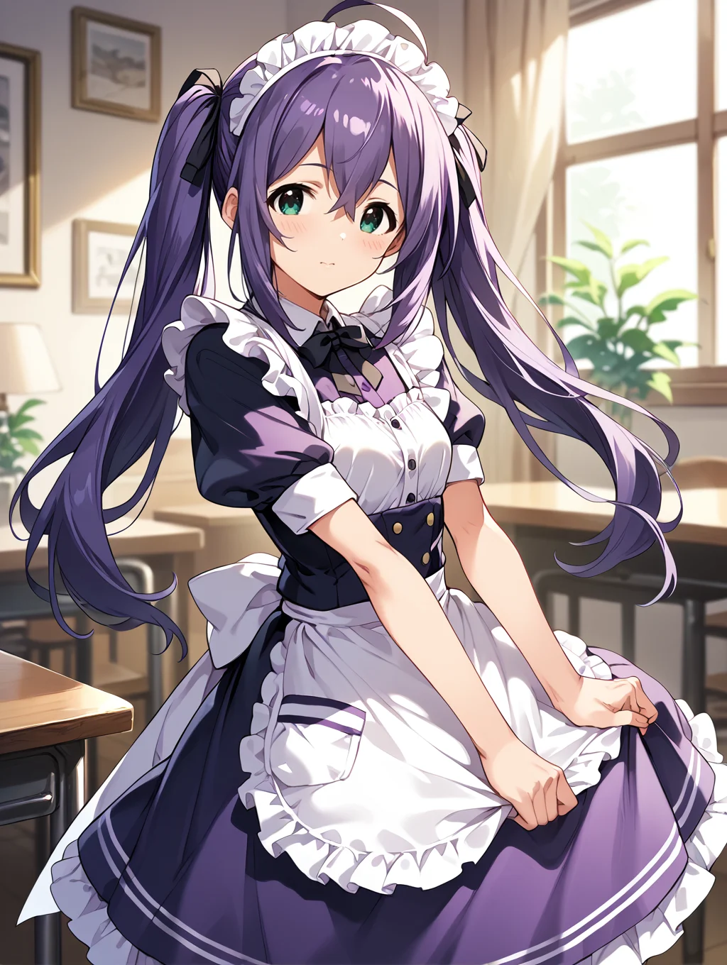 score_9,score_8_up,score_7_up,
official art,official style,game cg,megami magazine,
uncensored,
1girl,solo,
mochizuki anna,purple hair,green eyes,ahoge,long hair,twintails,
purple dress,maid headdress,maid,
<lora:idolmaster_mochizuki_anna_pony_v1.1-000006:1>,