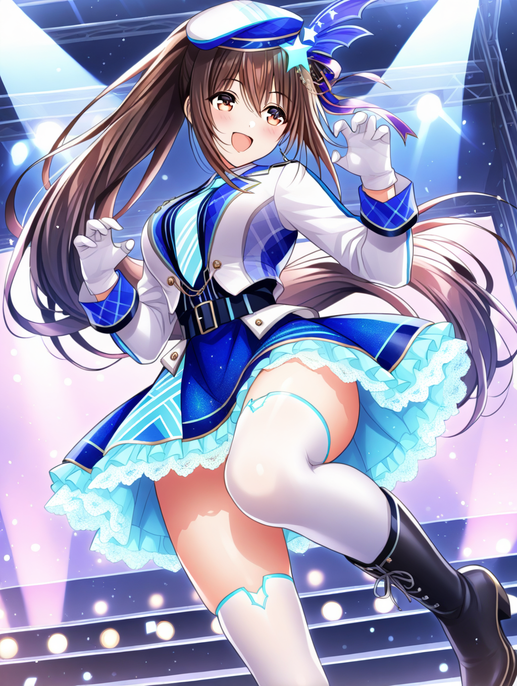 perfect quality,best quality,absolutely eye-catching,ambient occlusion,raytracing BREAK
1girl,<lora:hanayome IL v1.1_1:0.8>,utahosi,brown hair,ponytail,hat,hair ornament,idol,long sleeves,belt,miniskirt,lace trim,white thighhighs,black boots,stage,stage lights,light particles,solo,from below,claw_pose,