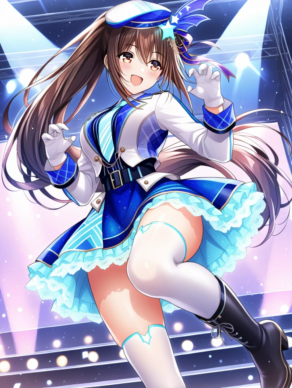 perfect quality,best quality,absolutely eye-catching,ambient occlusion,raytracing BREAK
1girl,<lora:hanayome IL v1.1_1:0.8>,utahosi,brown hair,ponytail,hat,hair ornament,idol,long sleeves,belt,miniskirt,lace trim,white thighhighs,black boots,stage,stage lights,light particles,solo,from below,claw_pose,