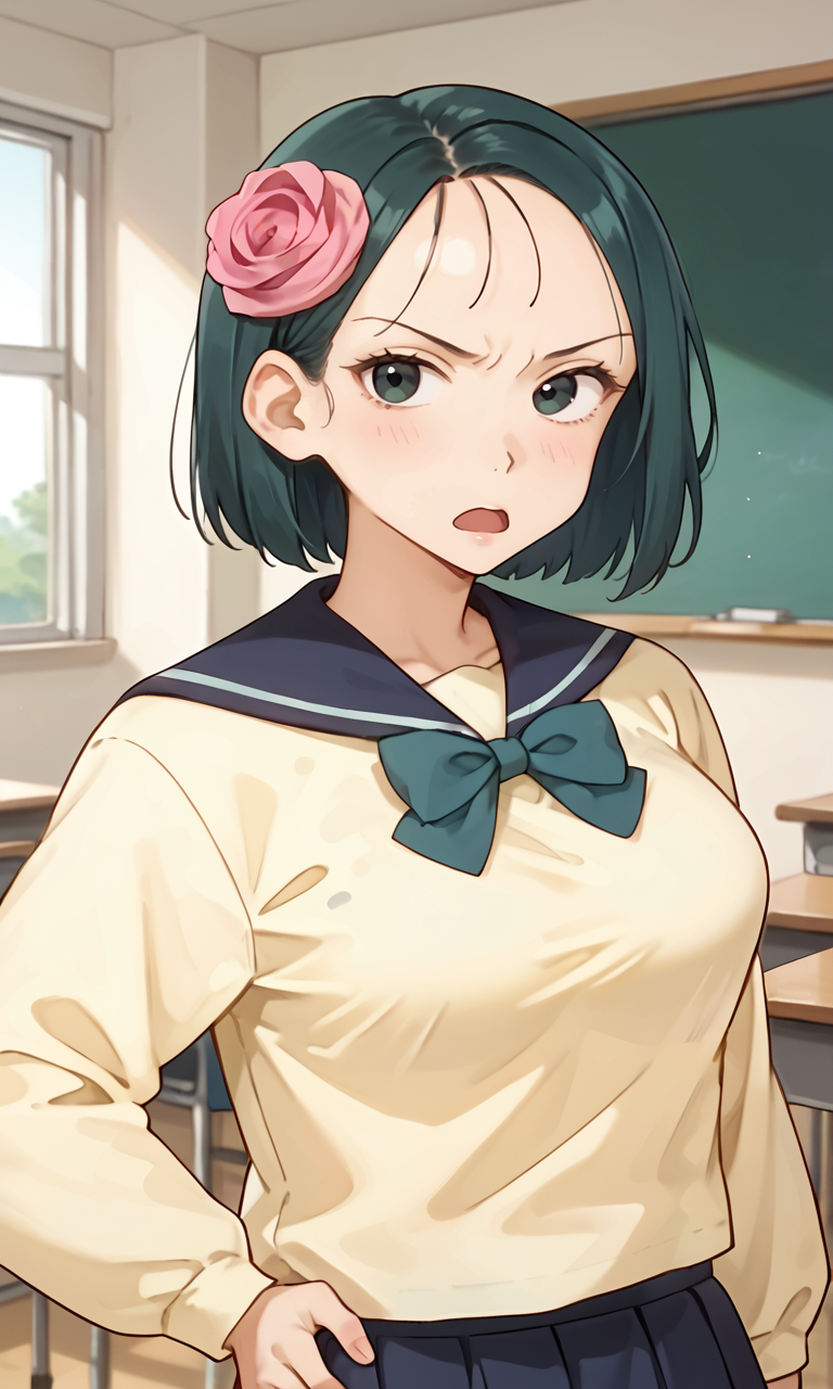 (1girl:1.5), (solo:1.3), (score_9, score_8_up, score_7_up, score_6_up, score_5_up, score_4_up), (source_anime), rating_questionable, looking at viewer, (upper body:1.3), indoors, classroom, 
 (yellow sweater, oversized clothes, long sleeves, blue sailor collar, green bowtie, blue skirt, pleated skirt, miniskirt, white socks, black footwear), (large breasts), <lora:mari-classmate-green_v1:0.9> (mari-classmate-green), (black eyes, eyelashes, dark green hair, short hair, parted bangs, forehead, voluminous bangs, fluffy bangs, parody bangs, pink rose, hair ornament, frown, angry), hand on own hip, open mouth,