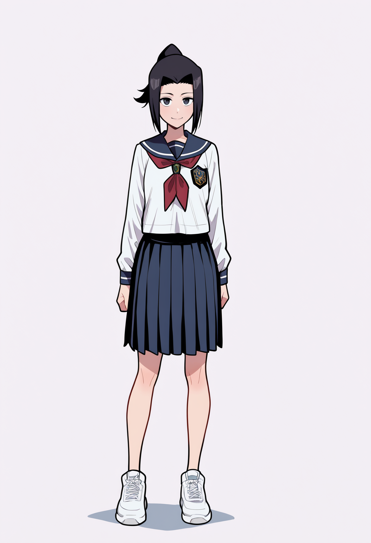 masterpiece, best quality, very aesthetic, absurdres,
1girl, karinkurosaki, black eyes, black hair, ponytail,
white shirt, long sleeves, pleated skirt, school uniform, serafuku, white sneakers,
full body, standing, smile, looking at viewer, solo, simple background, white background, <lora:KarinKurosakiNoobXL_byKonan:1>
