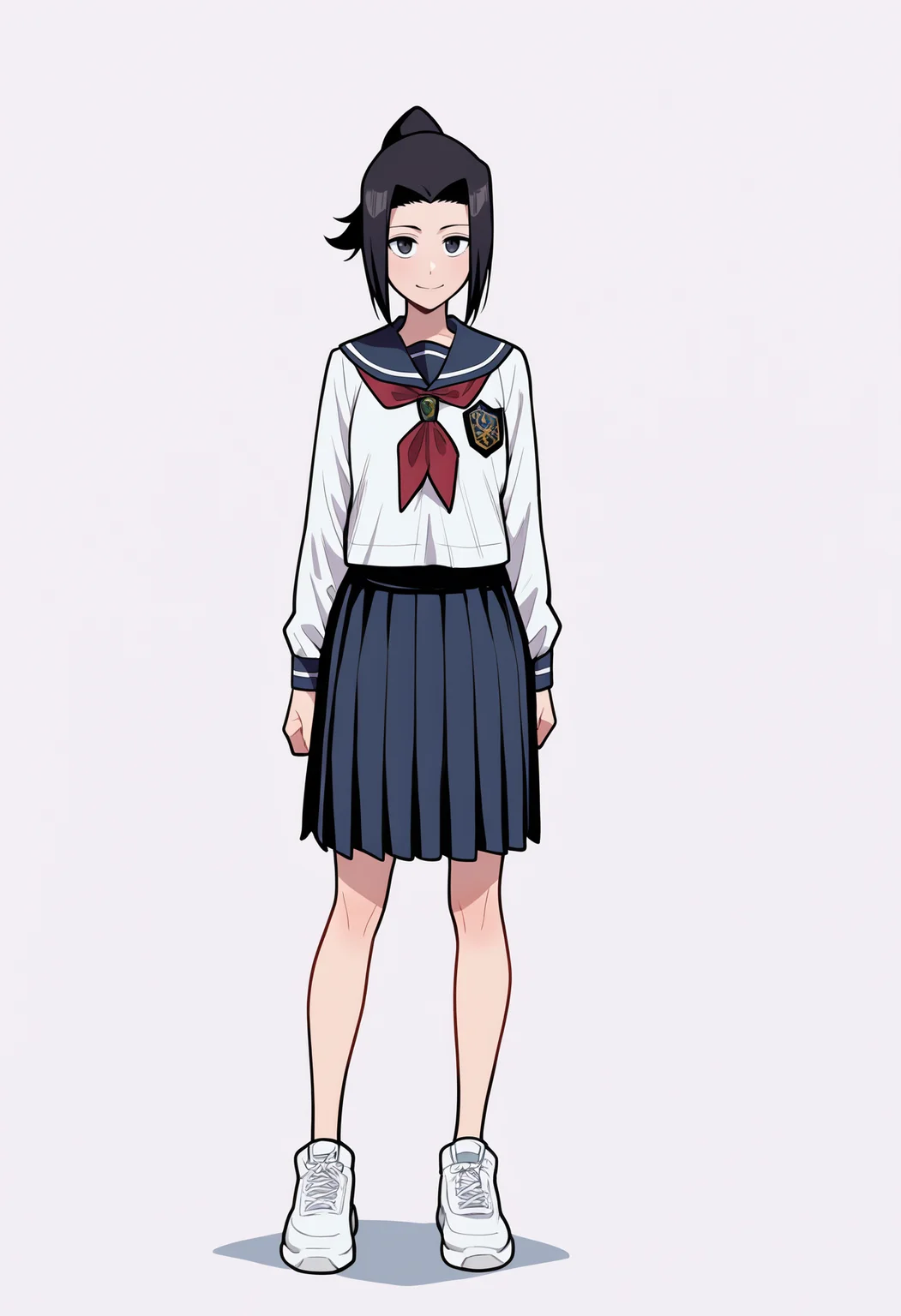 masterpiece, best quality, very aesthetic, absurdres,
1girl, karinkurosaki, black eyes, black hair, ponytail,
white shirt, long sleeves, pleated skirt, school uniform, serafuku, white sneakers,
full body, standing, smile, looking at viewer, solo, simple background, white background, <lora:KarinKurosakiNoobXL_byKonan:1>