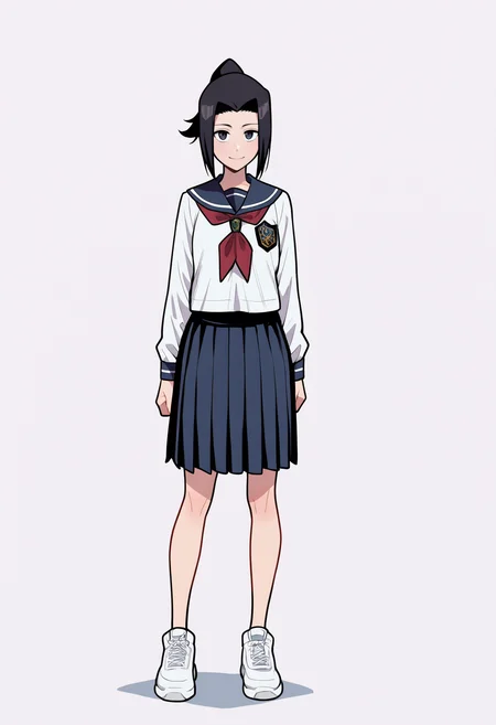 masterpiece, best quality, very aesthetic, absurdres,
1girl, karinkurosaki, black eyes, black hair, ponytail,
white shirt, long sleeves, pleated skirt, school uniform, serafuku, white sneakers,
full body, standing, smile, looking at viewer, solo, simple background, white background, <lora:KarinKurosakiNoobXL_byKonan:1>