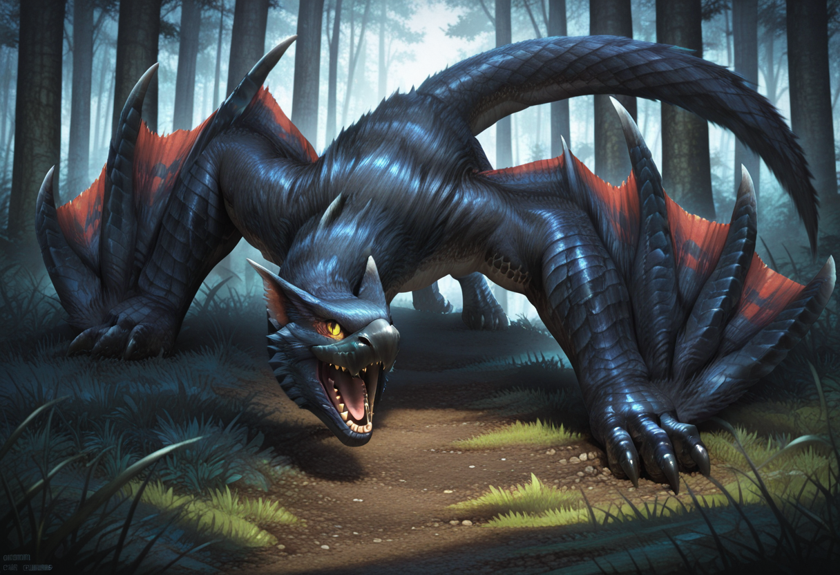 Graphic Design, color art, vibrant colors, colorful, intricate details, high contrast, detailed background, beautiful detailed, beautiful face, detailed eyes, detailed face, photorealism, photorealistic, detailed fur, new, newest, n4rg4cug4, dragon, yellow sclera, black fur, sharp teeth, fangs, claws, wings, winged arms, tail, no humans, nature, forest, outdoors, grass, open mouth, teeth, dynamic pose, (masterpiece, best quality, newest, recent, absurdres),
