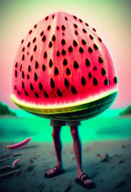 Documentary photograph, magical fantasy magic watermelon creature, cinematic light, high detail, beautiful, surreal, dramatic, warm colors<lora:Dreamyvibes artstyle SDXL - trigger with Dreamyvibes artstyle:1> Dreamyvibes Artstyle