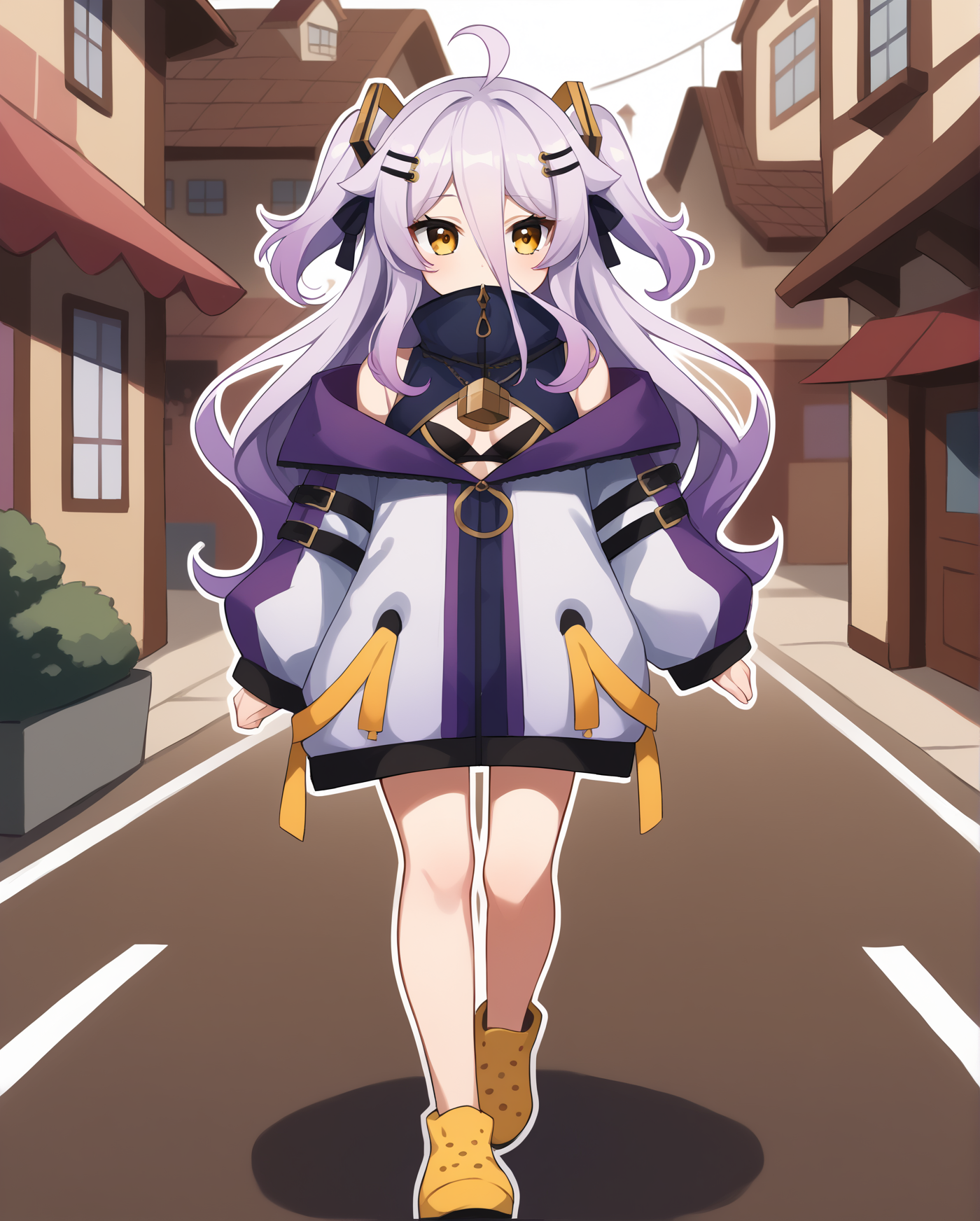 score_9, score_8_up, score_7_up, score_6_up, score_5_up, score_4_up, source_anime, (best quality, ultra detailed, absurdres, masterpiece:1.2), (ai-generated:0.6), color, (white outline:1.3), town, outdoors,     <lora:henyathegeniusPonyXL:1>
BREAK
henya, 1girl, solo, long hair, bangs, hair ornament, long sleeves, ribbon, hair between eyes, very long hair, jacket, hair ribbon, yellow eyes, purple hair, ahoge, shoes, hairclip, puffy sleeves, two side up, sleeves past wrists, white jacket, puffy long sleeves, yellow footwear, walking,