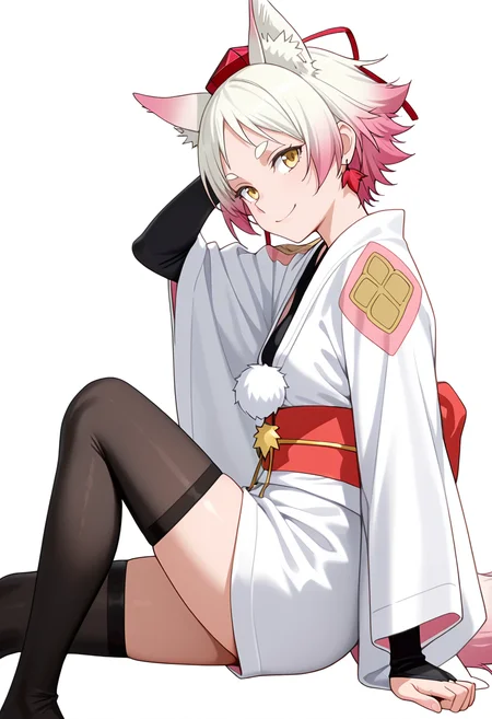 Smooth Quality,masterpiece,very intricate, high quality details, ultra realistic, high detailed skin,detailed enviorement,absurdres,
simple background, white background,solo,
lying on side, one arm supporting head, relaxed legs, soft smile, casual vibe, ,from side,forced smile,
<lora:Momiji_cnn:0.8> momijicnn,1girl, wolf ears, yellow eyes, white hair, pink hair, short hair, gradient hair, thick eyebrows,tokin hat, japanese clothes,white kimono,sash, black thighhighs, long sleeves, bridal gauntlets,earrings, pom pom (clothes), tail,