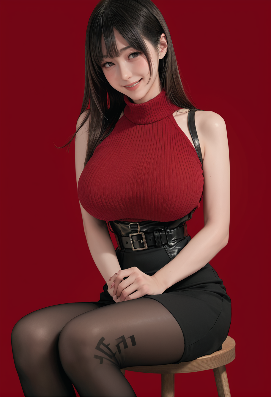 1girl,solo,red background,,ruanyi0892,belt,black pantyhose,high-waist skirt,sleeveless sweater,sitting,stool,<lora:0892 Home wear_v1_pony:1>, score_9, score_8_up, score_7_up, score_6_up, score_9, score_8_up, score_7_up, score_6_up source_anime, blush, 1girl, seduce smile, perfect body , natural huge breasts