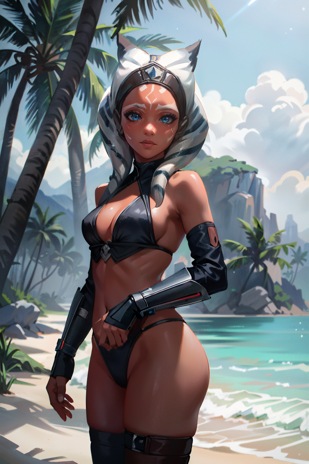((ultra detailed, masterpiece, absurdres))
StarWAhsoka, 1girl, dark skin, white facial mark, on a tropical island, bikini, palm trees, ocean sharp focus, highly detailed, cinematic lighting, studio quality, smooth render, unreal engine 5 rendered, octane, rendered, by artgerm, greg rutkowski, alphonse mucha
<lora:StarWAhsoka:0.9>