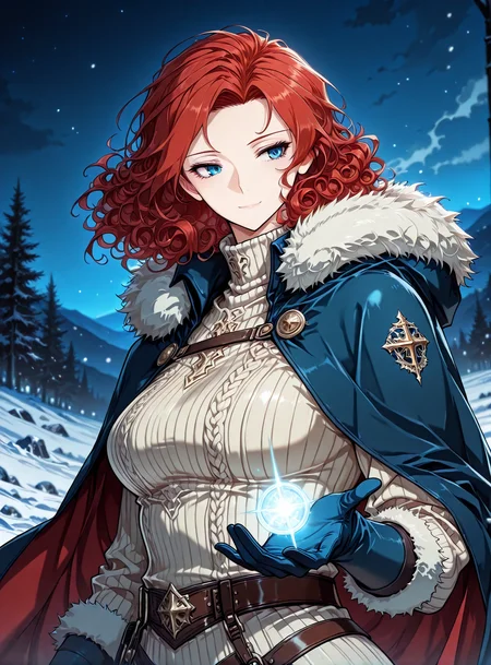 <lora:Alicia_Termina_Magentano__The_Greatest_Estate_Designer:1>
1 girl, solo, red hair, blue eyes, medium hair, curly hair,
sweater, ribbed sweater, fur trim, turtleneck sweater, blue gloves, cape
masterpiece, best quality,high quality, newest, highres,8K,HDR,absurdres, score_9, score_8_up, score_7_up, very aesthetic, source_anime, detailed, high quality, beautiful, masterpiece, detailed eyes, snowy field, night, blurry background, pose dynamic angle, upper body, cowboy shot, light smile, looking back, reaching out, floating hair, <lora:iLLMythG0thicL1nes:1> , <lora:Eyes_High_Definition:1>