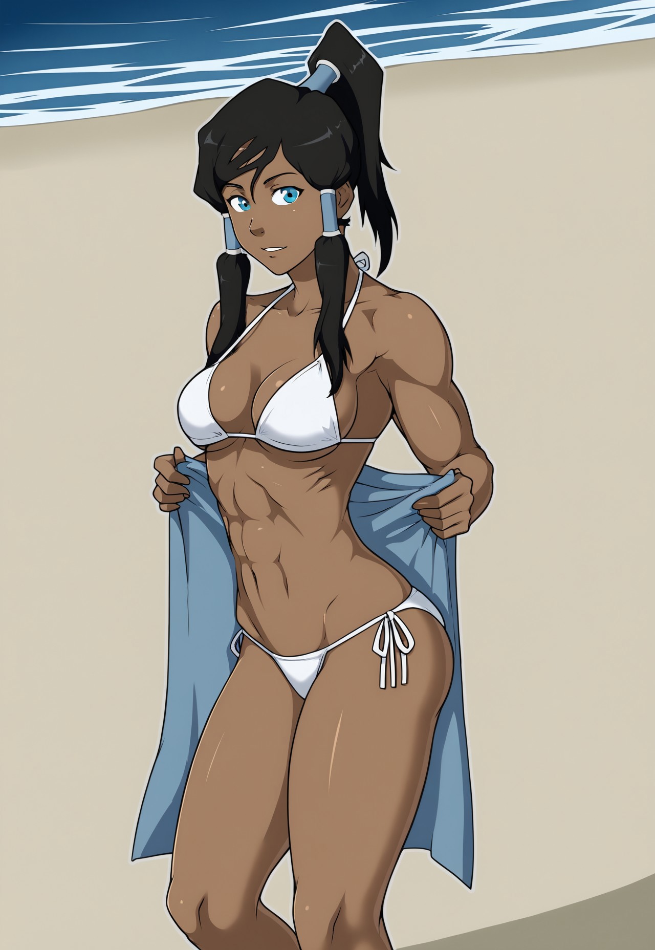 safe_pos, anaxus, chkorra, 1girl, swimsuit, solo, bikini, dark skin, dark-skinned female, breasts, beach, black hair, hair tubes, white bikini, blue eyes, ponytail, towel, side-tie bikini bottom