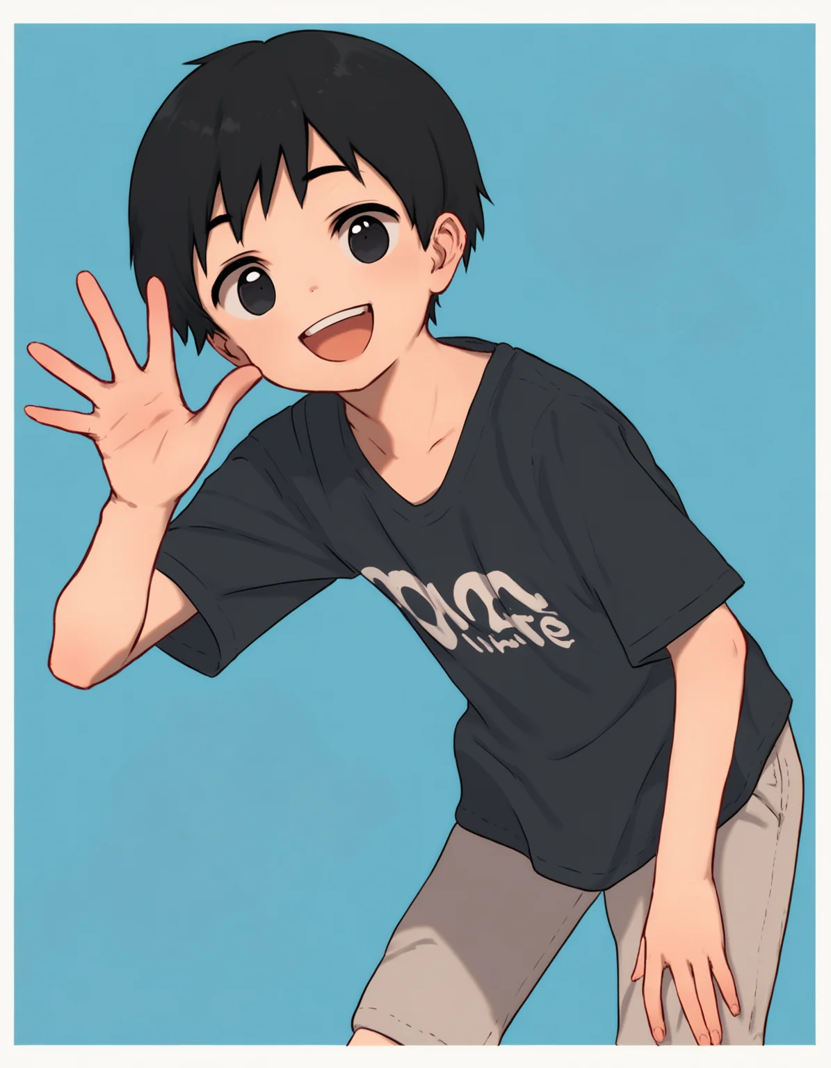 score_7, score_7_up, score_6_up, source_anime, blue background, white border, cowboy shot, 1boy, black hair, black eyes, bangs, young, solo, t-shirt, loose clothing, head tilt, standing, leaning forward, open mouth, smile, waving <lora:modokie-amxl-v1-ShoAI:1>