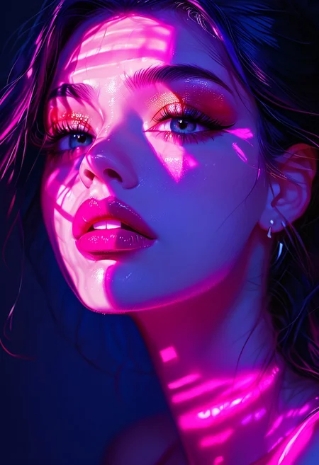 sscore_9, score_8_up, score_8, score_9, solo,1girl, ethereal_makeup, make-up, Close-up of a woman with perfect makeup, in a dark room with a single beam of neon light, the vivid colors of pink and purple illuminating her face in an artistic way, creating a striking contrast with the darkness around her, making her makeup appear even more dramatic., s1_dram, unaestheticXL_3x3