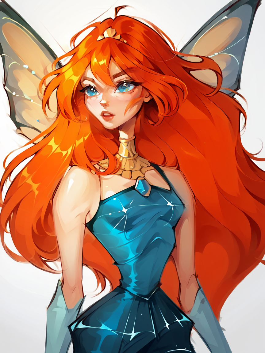 score_9, score_8_up, score_7_up, score_6_up, score_5_up,   <lora:itsyelizXLP:1> itsyeliz,  <lora:bl00mXLP:1> bl00m, 1girl, long hair, solo, blue eyes, wings, orange hair