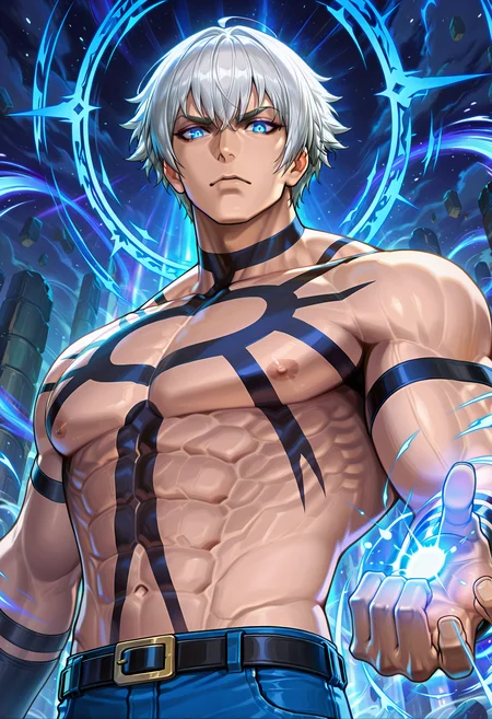 masterpiece, best quality, newest, absurdres, highres, very detailed,
muscular male, koforochi, orochi tattoo, topless male, solo,
jeans,
male nipples, collarbone, abs, manly,
foreshortening, outstreched hand, hand towards viewer, open hand, glowing hand, outstreched arm, looking at viewer, upper body, magic, strong wind,
glowing outline, magic, psychic,
blue eyes, glowing eyes,
<lora:[Char - IL] KOF - Orochi (v1-R1-E27):1.0>