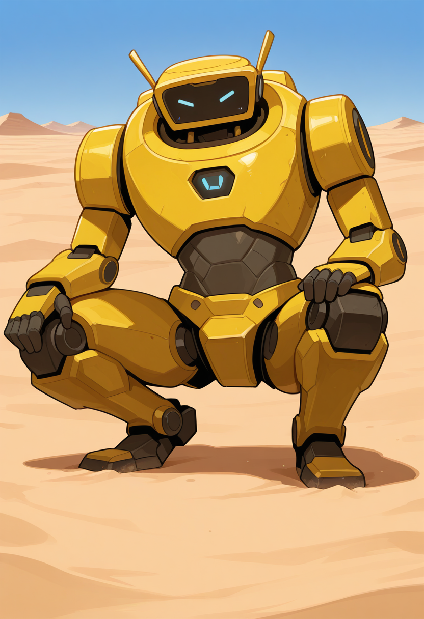 r0boquest, yellow robot, squatting, solo, no eyes, desert, sand, sky,
(masterpiece), (best quality), (ultra-detailed)