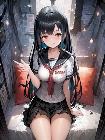 masterpiece, best quality, 1girl, smile face, school uniform. black hair, long hair, red eyes, <lora:alc2-000003:1>,