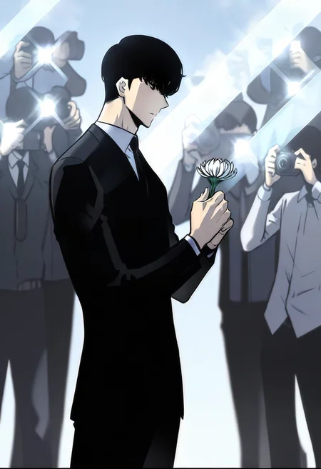 8K, depth of field, focused subject, best quality, <lora:solo_leveling_by_readandsign_fin-000014:1>,
rf64u, jinwoo sung, short hair, shirt, black hair, long sleeves, 1boy, holding, standing, flower, male focus, multiple boys, necktie, pants, phone, formal, suit, white flower, black necktie, 6+boys, light rays, camera, holding flower, business suit, crowd, black suit