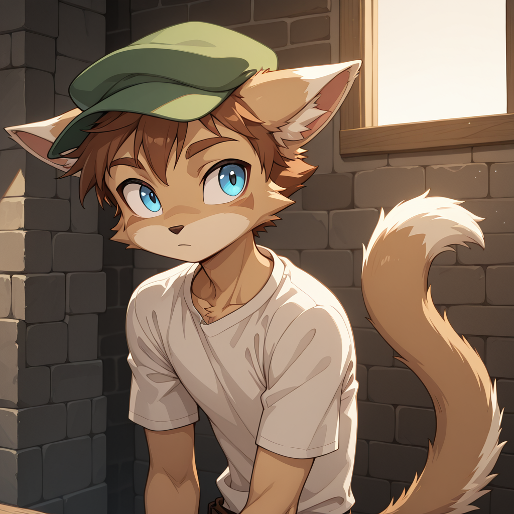 Bill, solo,blue eyes,brown hair,shirt,1boy,hat,animal ears,tail,upper body,
,<lora:Dreamkeepers_Bill_Woods_Tinsel_Ms.Muliebral_characters_Illustrious:0.8>,