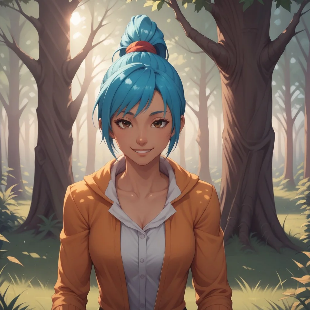 score_9, score_8, BREAK, solo, Rena, blue hair, ponytail, hair tie, brown eyes, sexy pose, self portrait, smile, outdoors, sunlight, shadows, evening lighting, natural lighting, forest, trees, grass, orange sky, sunset