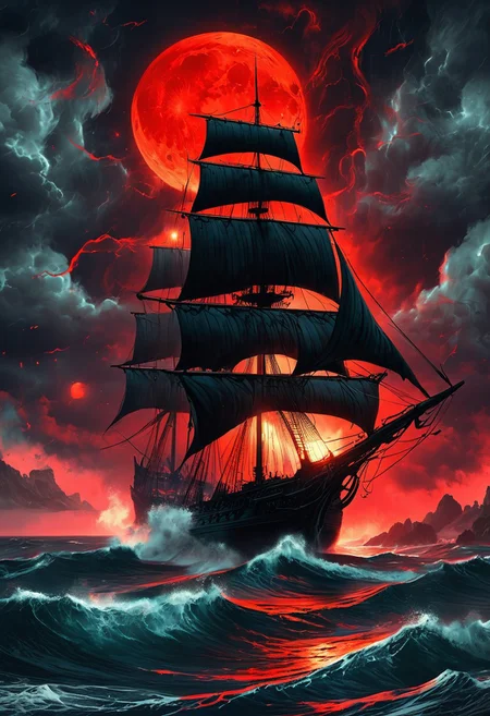 A captivating night scene illustration featuring a large and tall and ominous black 17th century haunted sailing ship  sailing on the forboding and haunted ocean.  This enchanting artwork captures a dark and ominous night, where an ominous red bloodmoon hangs above the scene with red lightning bolts striking down from dark clouds, creating a cinematic experience., illustration, cinematic view from above
<lora:DonM3t3rn1tyXL-v1.1:0.7>, DonM3t3rn1tyXL,
OverallDetailXL  <lora:MJ52:0.3>  <lora:SDXLFaeTastic2400:0.4>  <lora:EpicF4nta5yXL:0.7>