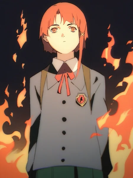 score_9, score_8_up, score_7_up, source_anime, rating_safe, uncensored, <lora:Lain_PonyXLv3:1> 1girl, Lain, solo, school uniform, fire, in fire, fire master, fire in background, expressionless,