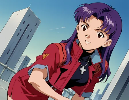 score_9, score_8_up, score_7_up, source_anime,
misatokatsuragi, <lora:misato-katsuragi-classic-ponyxl-lora-nochekaiser:1>,
misato katsuragi, long hair, brown eyes, purple hair, parted bangs,
skirt, jewelry, jacket, belt, necklace, uniform, cross, red jacket, pencil skirt, cross necklace, red skirt, black shirt, turtleneck, cropped jacket,
outdoors, cityscape, bent over, smile,
cowboy shot, looking at viewer, solo, dutch angle,