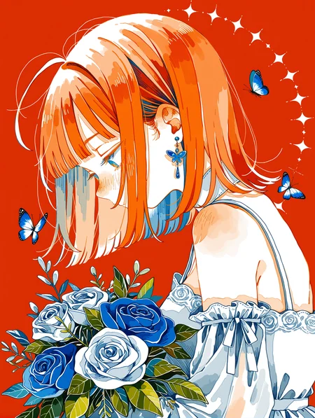 1girl, orange hair, medium hair, spiked hair, blunt bangs, ahoge, BREAK 1girl, close-up, from side, looking down, BREAK white sleeveless long frilled wedding dress, detached sleeves, earrings, white rose, blue flower, bouquet, leaf, butterfly, (crimson background), BREAK (watanabe tomari:1.05), (fjsmu:0.7), (watari \(nijimukiokuiro\):0.85),
,masterpiece,best quality,amazing quality,