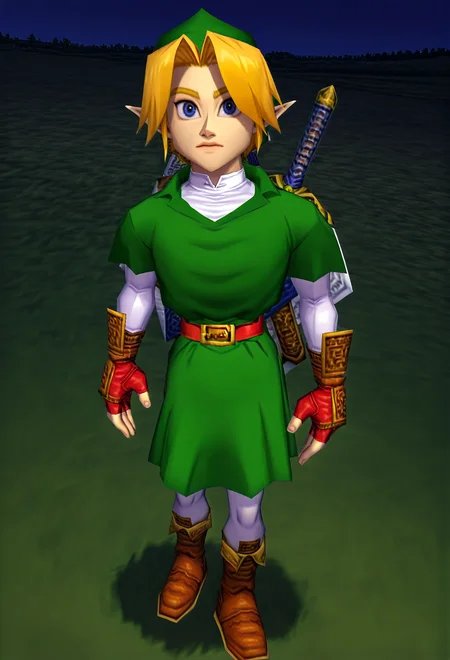 dutch angle, low poly, 3d, an animated character, 1boy, adult link, blonde hair, blue eyes, hat, pointy ears, green tunic, red gloves, boots, belt, holding master sword, in field at night
<lora:Ocarina_Low_Poly_Illustrious:1.5>, masterpiece, best quality, newest, absurdres, highres, safe,