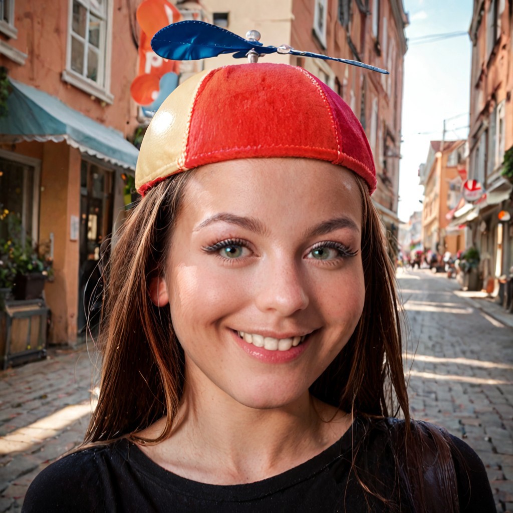 score_9, score_8_up, score_7_up, score_6_up
propeller hat, propellerhat, propeller hat \(object\),  standard propeller hat,  beanie with propeller, 
1girl, solo, smile, black shirt,  realistic, street background